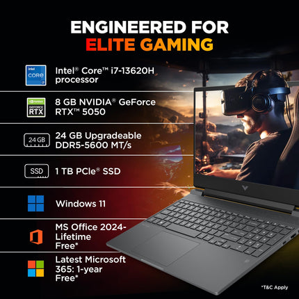 HP Smartchoice Victus, 13th Gen Intel Core i7-13620H, 8GB RTX 5050, 24GB DDR5(Upgradeable) 1TB SSD, 144Hz, FHD, 15.6''/39.6cm, Win11, M365* Office24, Mica Silver, 2.29kg, fa2309TX, RGB Gaming Laptop 