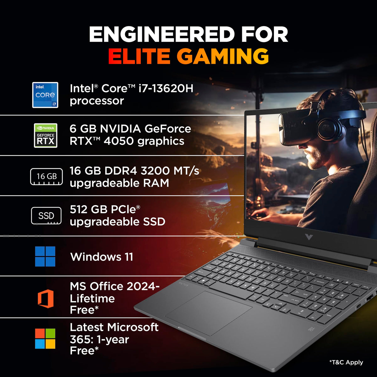 HP Smartchoice Victus, 13th Gen i7-13620H, 6GB RTX 4050, 16GB DDR4(Upgradeable) 512GB SSD, 144Hz, 300nits, FHD, 15.6''/39.6cm, Win11, M365* Office24, Mica Silver, 2.3kg, fa2100/03/04tx, Gaming Laptop 