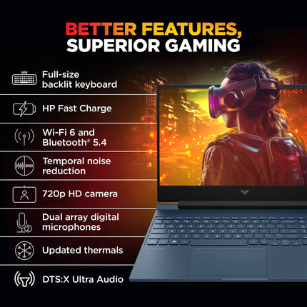 HP Smartchoice Victus, AMD Ryzen 5 8645HS, 6GB RTX 3050, 31 Tops, 16GB DDR5(Upgradeable) 512GB SSD, 144Hz, 300nits, FHD, 15.6"/39.6cm, Win11, M365* Office24, Blue, 2.3kg, fb3009AX, AI Gaming Laptop 