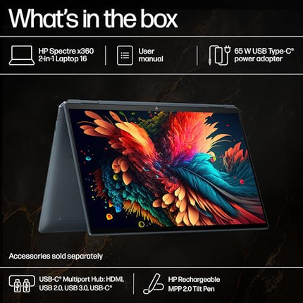 HP Spectre x360 AI Laptop, Intel Core Ultra 7 155H, 12 TOPS, 32GB LPDDR5x, 1TB SSD (Win11, Office21, Blue, 1.9kg), Touchscreen, 2.8K, OLED, 16-inch(40.6cm), Intel Arc graphics, 9MP IR camera, aa0664TX 