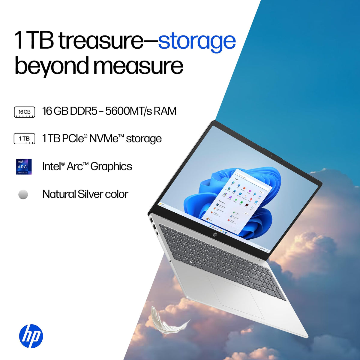 HP 15,Intel Ultra 5 125H (16GB DDR5, 1TB SSD) FHD, IPS, 15.6''/39.6cm, Win11, M365 Basic(1yr)*Office24, Silver, 1.65kg, fd1354TU, Intel Arc Graphics, FHD Camera w/Shutter, AI Powered Laptop 
