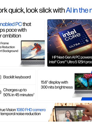 HP 15,Intel Ultra 5 125H (16GB DDR5, 1TB SSD) FHD, IPS, 15.6''/39.6cm, Win11, M365 Basic(1yr)*Office24, Silver, 1.65kg, fd1354TU, Intel Arc Graphics, FHD Camera w/Shutter, AI Powered Laptop 