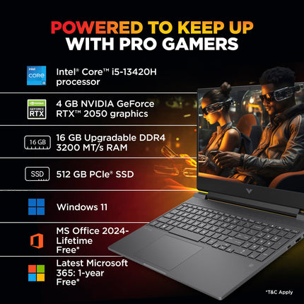 HP Victus, 13th Gen Intel Core i5-13420H, 4GB RTX 2050, 16GB DDR4 (Upgradeable) 512GB SSD, 144Hz, IPS, 300 nits, FHD, 15.6''/39.6cm, Win11, M365* Office24, Mica Silver, 2.3kg, fa2703tx Gaming Laptop 