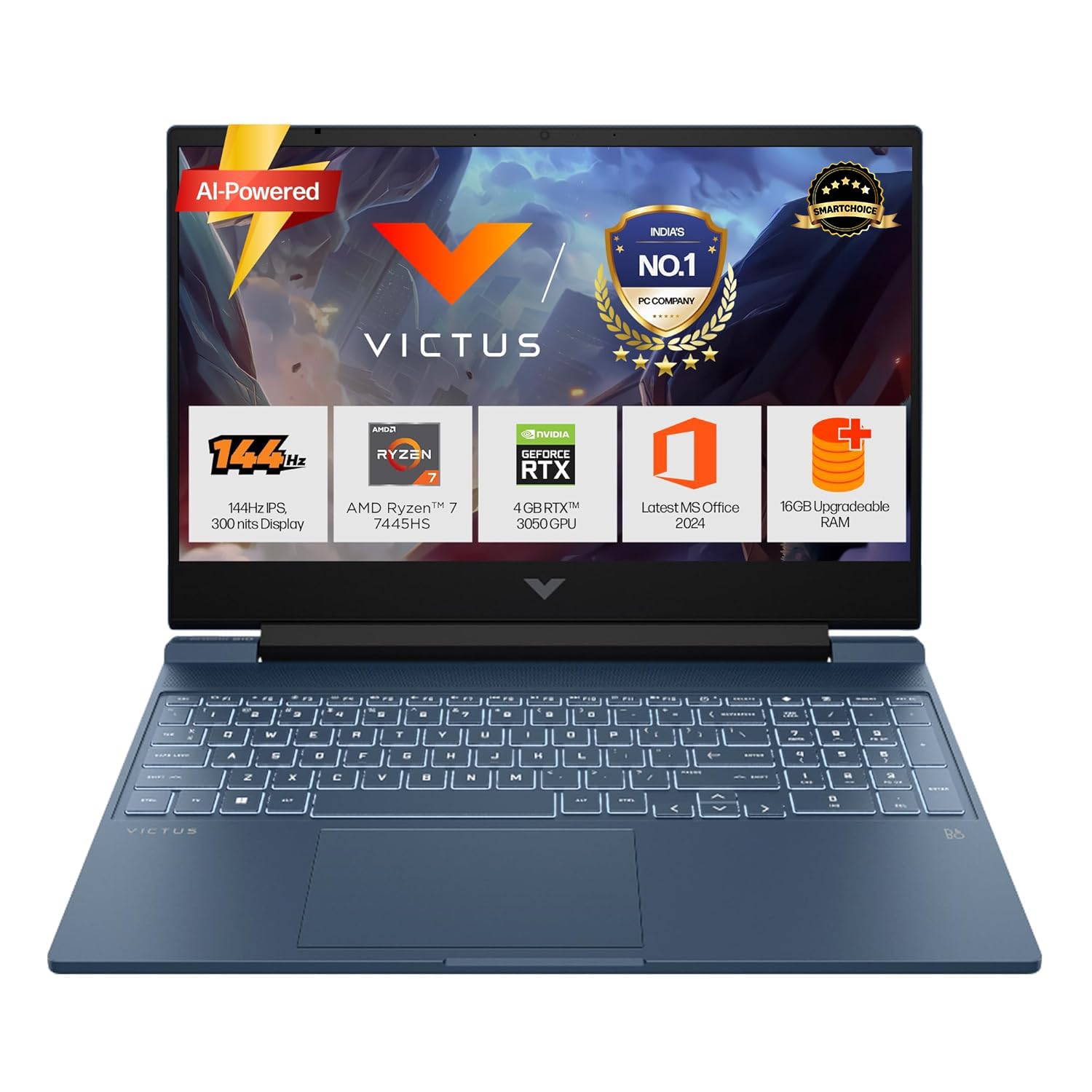 HP Smartchoice Victus, AMD Ryzen 7 7445HS, 6GB RTX 3050, 16GB DDR5(Upgradeable) 512GB SSD, FHD, 144Hz, 300 nits, 15.6''/39.6cm, Win 11, M365* Office24, Blue, 2.29kg, fb3134AX/3120ax, Gaming Laptop 