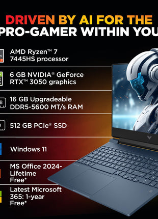 HP Smartchoice Victus, AMD Ryzen 7 7445HS, 6GB RTX 3050, 16GB DDR5(Upgradeable) 512GB SSD, FHD, 144Hz, 300 nits, 15.6''/39.6cm, Win 11, M365* Office24, Blue, 2.29kg, fb3134AX/3120ax, Gaming Laptop 