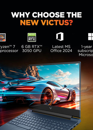 HP Smartchoice Victus, AMD Ryzen 7 7445HS, 6GB RTX 3050, 16GB DDR5(Upgradeable) 512GB SSD, FHD, 144Hz, 300 nits, 15.6''/39.6cm, Win 11, M365* Office24, Blue, 2.29kg, fb3134AX/3120ax, Gaming Laptop 