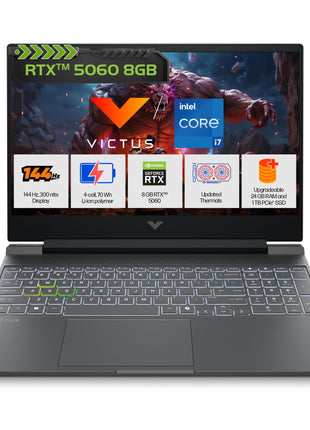 HP Victus, 13th Gen Intel Core i7-13620H, 8GB RTX 5060, 24GB DDR5(Upgradeable) 1TB SSD, 144Hz, 300nits, IPS, FHD, 15.6"/39.6cm, Win11, M365* Office 24, Mica Silver, 2.29Kg, fa2308TX, RGB Laptop 