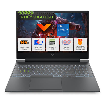 HP Victus, 13th Gen Intel Core i7-13620H, 8GB RTX 5060, 24GB DDR5(Upgradeable) 1TB SSD, 144Hz, 300nits, IPS, FHD, 15.6"/39.6cm, Win11, M365* Office 24, Mica Silver, 2.29Kg, fa2308TX, RGB Laptop 