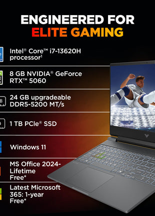 HP Victus, 13th Gen Intel Core i7-13620H, 8GB RTX 5060, 24GB DDR5(Upgradeable) 1TB SSD, 144Hz, 300nits, IPS, FHD, 15.6"/39.6cm, Win11, M365* Office 24, Mica Silver, 2.29Kg, fa2308TX, RGB Laptop 