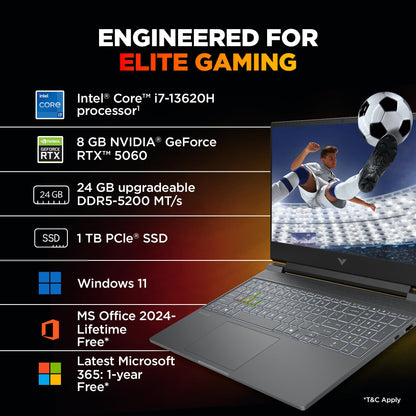 HP Victus, 13th Gen Intel Core i7-13620H, 8GB RTX 5060, 24GB DDR5(Upgradeable) 1TB SSD, 144Hz, 300nits, IPS, FHD, 15.6"/39.6cm, Win11, M365* Office 24, Mica Silver, 2.29Kg, fa2308TX, RGB Laptop 