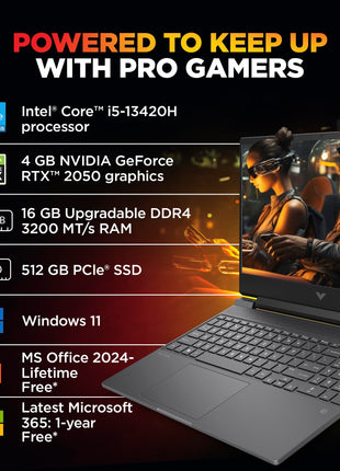 HP Victus, 13th Gen Intel Core i5-13420H, 4GB RTX 2050, 16GB DDR4 (Upgradeable) 512GB SSD, 144Hz, IPS, 300 nits, FHD, 15.6''/39.6cm, Win11, M365* Office24, Mica Silver, 2.3kg, fa2703tx Gaming Laptop 
