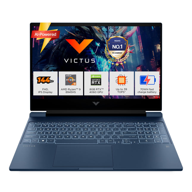 HP Victus, AMD Ryzen 9-8945HS, 8GB RTX 4060, 16GB RAM (Upgradeable) 1TB SSD, 144Hz, 300nits, IPS, FHD, 15.6"/39.6cm, Win11, M365* Office 24, Blue, 2.29Kg, Backlit, fb3025AX, AI Gaming Laptop 