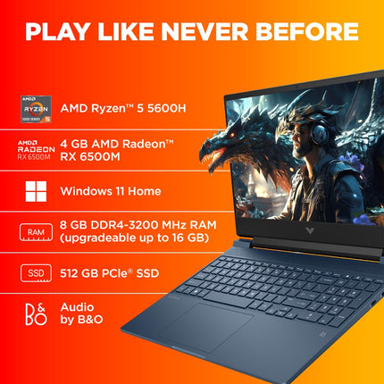 HP Victus Gaming Laptop, AMD Ryzen 5 5600H, AMD 4GB Radeon RX 6500M Graphics, 15.6-inch (39.6 cm), FHD, IPS, 8GB DDR4, 512GB SSD, Backlit KB, B&O (Win 11, Blue, 2.29 kg), fb0147AX, fb0184ax 