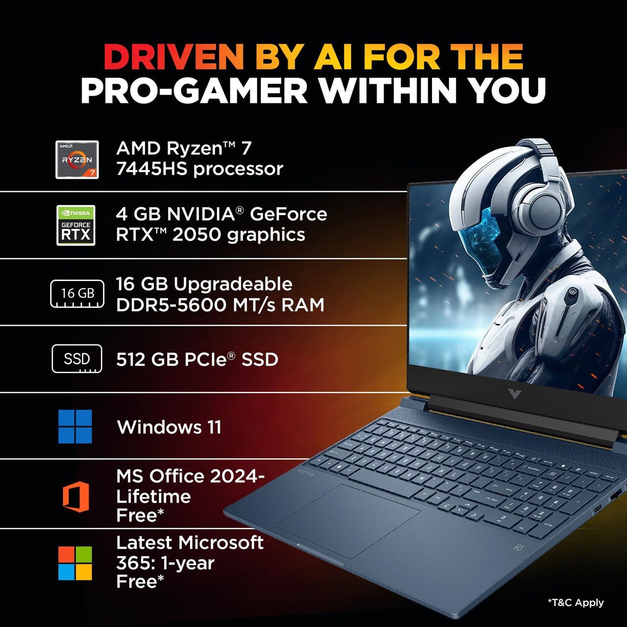 HP Smartchoice Victus, AMD Ryzen 7 7445HS 4GB NVIDIA GeForce RTX 2050 - (16 GB/512 GB SSD/Windows 11 Home) FHD, 144Hz, 300 nits, 15.6''/39.6cm, M365* Office24, Blue, 2.29kg,15-fb3122AX Gaming Laptop 