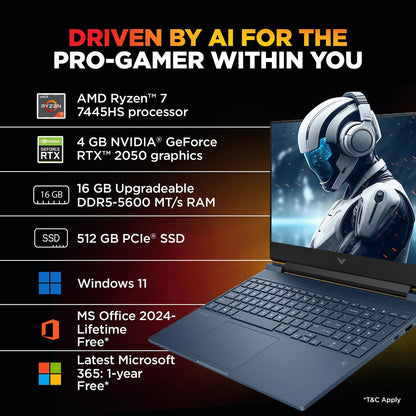 HP Smartchoice Victus, AMD Ryzen 7 7445HS 4GB NVIDIA GeForce RTX 2050 - (16 GB/512 GB SSD/Windows 11 Home) FHD, 144Hz, 300 nits, 15.6''/39.6cm, M365* Office24, Blue, 2.29kg,15-fb3122AX Gaming Laptop 