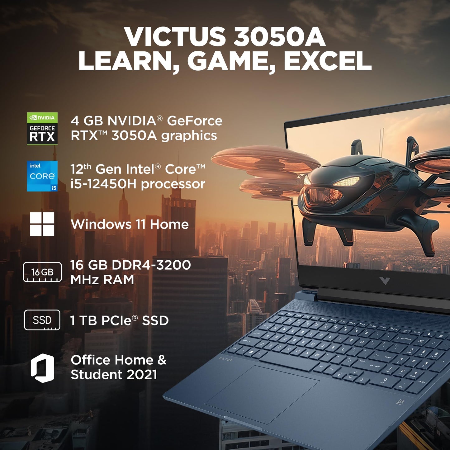 HP Victus, 12th Gen Intel Core i5-12450H, 4GB NVIDIA GeForce RTX 3050 Gaming Laptop (16GB RAM, 1TB SSD) 144Hz, IPS 15.6"/39.6cm, Win 11, MS Office 2021, Blue, 2.3Kg, Enhanced Cooling, fa1388TX 