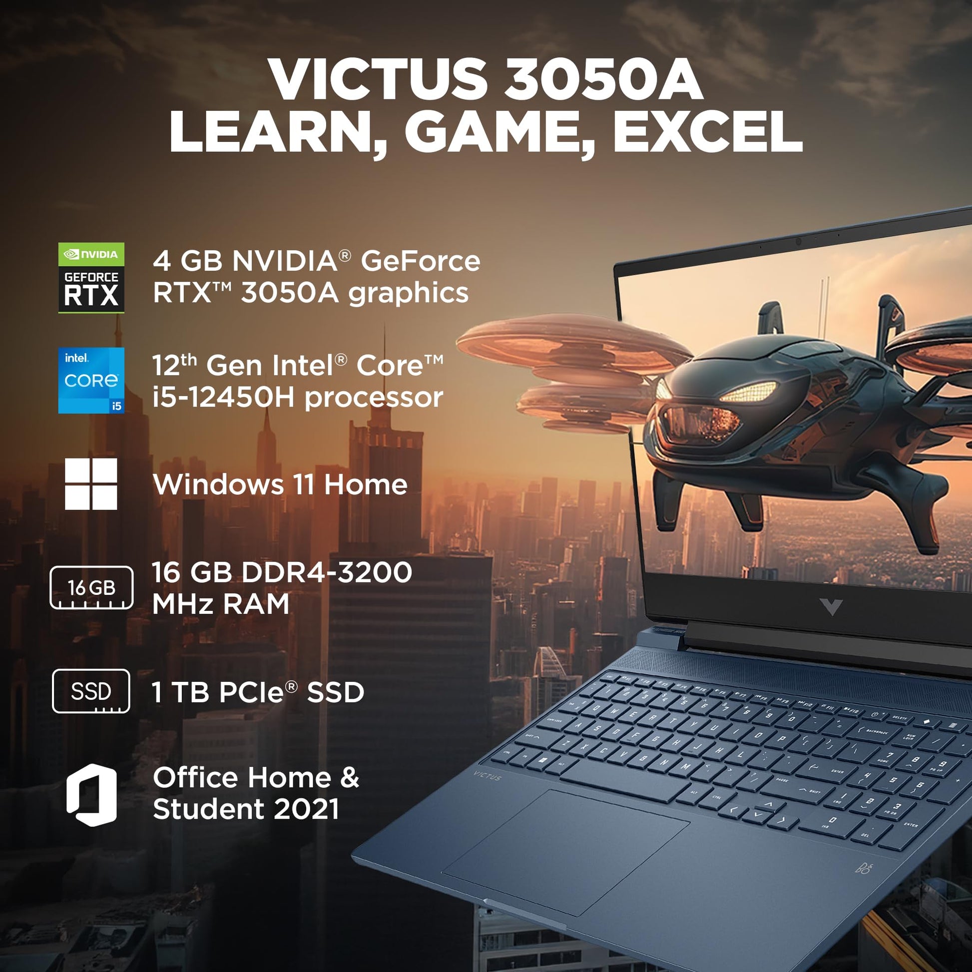 HP Victus, 12th Gen Intel Core i5-12450H, 4GB NVIDIA GeForce RTX 3050 Gaming Laptop (16GB RAM, 1TB SSD) 144Hz, IPS 15.6"/39.6cm, Win 11, MS Office 2021, Blue, 2.3Kg, Enhanced Cooling, fa1388TX 