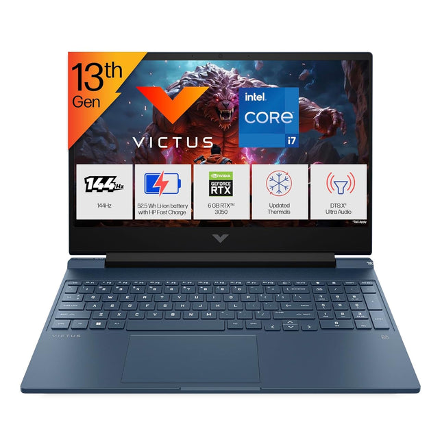 HP Victus, Intel Core i7, 13th Gen-13620H, 6 GB RTX 3050 Gaming Laptop, (16GB DDR4, 512GB SSD) 144Hz,300 nits, IPS, 15.6inch(39.6cm) Win 11, M365* Office24, Blue,2.29kg, Backlit,fa2077tx 