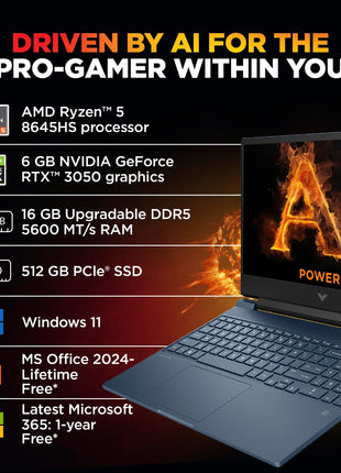 HP Victus, AMD Ryzen 5 8645HS, 6GB RTX 3050 Gaming Laptop (16GB DDR5, 512GB SSD),144Hz,300 nits,IPS, 15.6''/39.6cm, FHD, Win11, Office 24, Blue, 2,29kg, Backlit Kb,HD Camera, fb3012AX 
