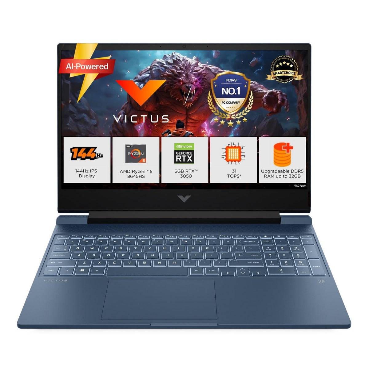 HP Smartchoice Victus, AMD Ryzen 5 8645HS, 6GB RTX 3050, 31 Tops, 16GB DDR5(Upgradeable) 512GB SSD, 144Hz, 300nits, FHD, 15.6"/39.6cm, Win11, M365* Office24, Blue, 2.3kg, fb3009AX, AI Gaming Laptop 