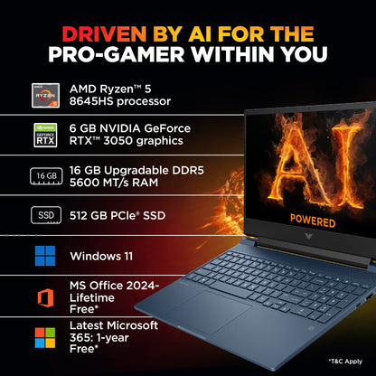 HP Smartchoice Victus, AMD Ryzen 5 8645HS, 6GB RTX 3050, 31 Tops, 16GB DDR5(Upgradeable) 512GB SSD, 144Hz, 300nits, FHD, 15.6"/39.6cm, Win11, M365* Office24, Blue, 2.3kg, fb3009AX, AI Gaming Laptop 