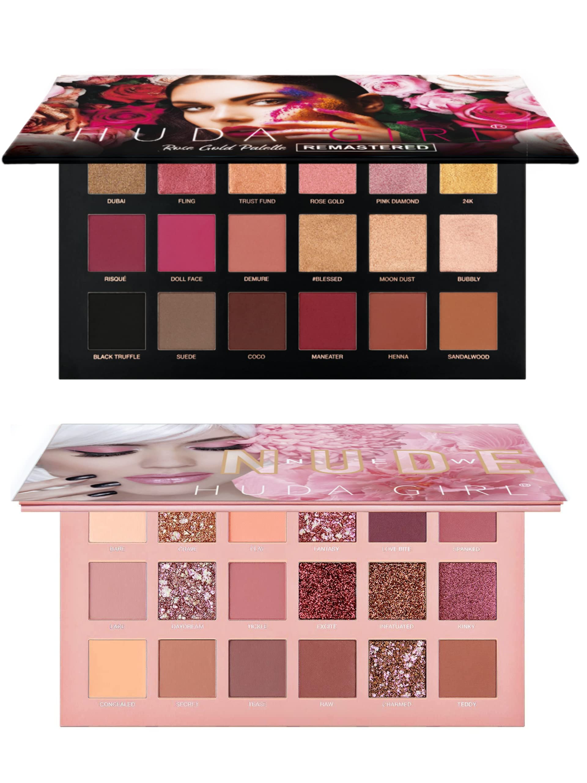 HUDA GIRL Beauty Rose Gold Remastered + Nude Edition Eyeshadow Palette Combo Kit - 36 Matte and Shimmer Finishes, Includes Black Eyeshadow - Complete Eye Shadow Palette Set 