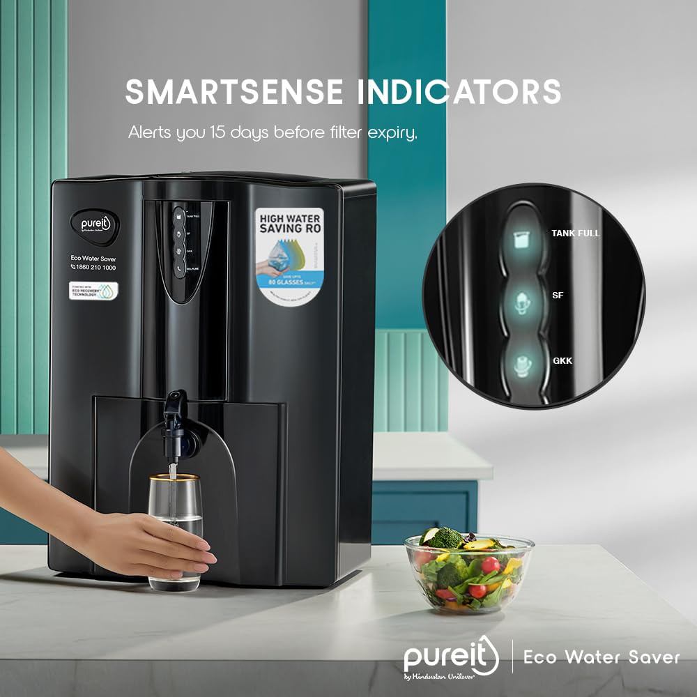 HUL Pureit Eco Water Saver RO+UV+MF+Mineral | INR 2000 Off on Exchange | 7 stage | 10L | Upto 60% Water Savings | Suitable for Borewell, Tanker & Municipal Water | Table Top | Wall Mountable |Black 
