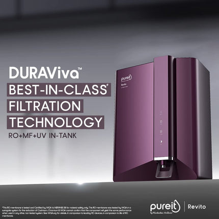 HUL Pureit Revito RO+MF+Mineral+UV in-Tank | INR 3000 Off on Exchange | 7 stage | 7L Capacity | Upto 70% Water Savings | Suitable for Borewell, Tanker & Municipal Water | DURAViva | Magenta 