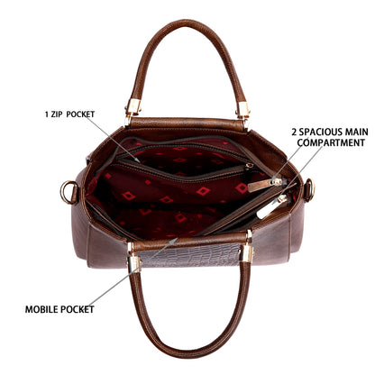 HYATT Leather Accessories Full-Grain Natural Cro Leather Top-Handle satchel Handbags & Shoulder Sling Bags For Women Office Branded Stylish Latest Size- L-13 X H-9 x W- 5.5 Inch 
