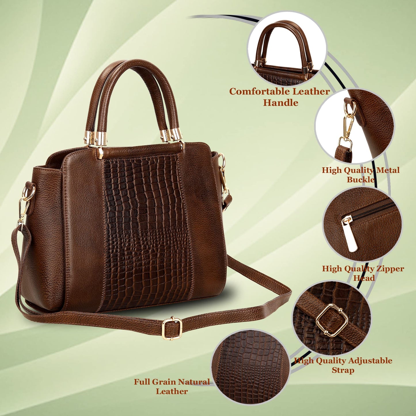 HYATT Leather Accessories Full-Grain Natural Cro Leather Top-Handle satchel Handbags & Shoulder Sling Bags For Women Office Branded Stylish Latest Size- L-13 X H-9 x W- 5.5 Inch 