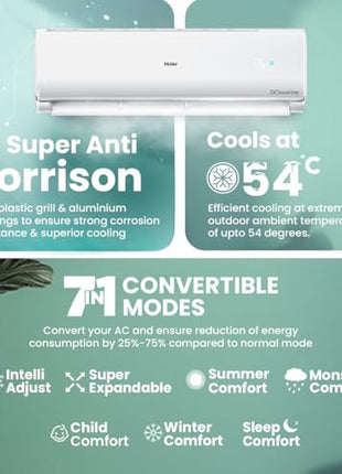 Haier 1.5 Ton 3 Star Twin Inverter Split AC (Copper, 7 in 1 Convertible, Frost Self Clean, HD Filter, Cools at 54°C, Long Air Throw - HSU17VP-TQS3BN-INV, White) 