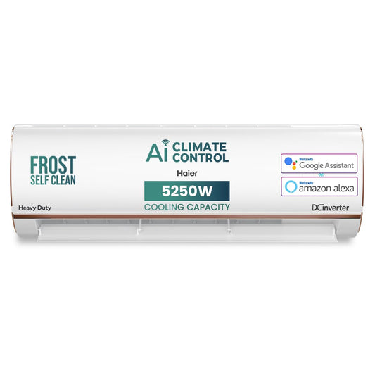 Haier 1.5 Ton 4 Star AI Climate Control Smart Split AC (5250 Watts, Copper, Wi-Fi, 4-Way Swing, Triple Inverter, 7 in 1, Frost Self Clean, HD Filter, Cools at 60°C - HSU18K-PYAIR4BN-INV, White) 