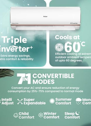 Haier 1.5 Ton 4 Star AI Climate Control Smart Split AC (5250 Watts, Copper, Wi-Fi, 4-Way Swing, Triple Inverter, 7 in 1, Frost Self Clean, HD Filter, Cools at 60°C - HSU18K-PYAIR4BN-INV, White) 