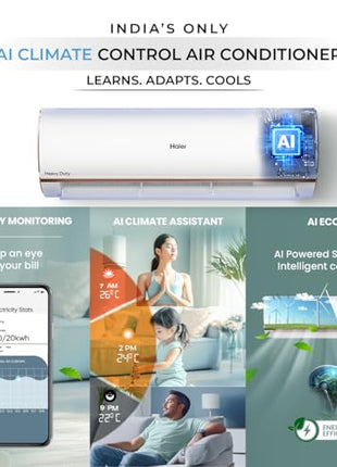 Haier 1.5 Ton 4 Star AI Climate Control Smart Split AC (5250 Watts, Copper, Wi-Fi, 4-Way Swing, Triple Inverter, 7 in 1, Frost Self Clean, HD Filter, Cools at 60°C - HSU18K-PYAIR4BN-INV, White) 