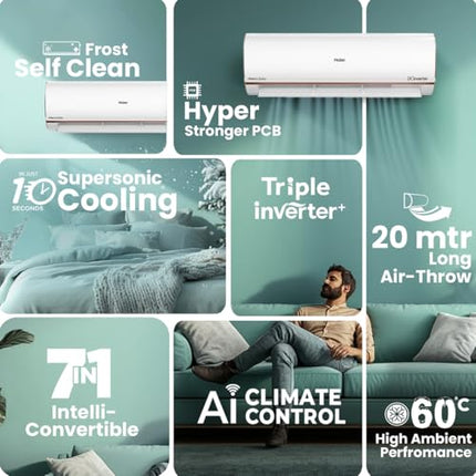 Haier 1.5 Ton 4 Star AI Climate Control Smart Split AC (5250 Watts, Copper, Wi-Fi, 4-Way Swing, Triple Inverter, 7 in 1, Frost Self Clean, HD Filter, Cools at 60°C - HSU18K-PYAIR4BN-INV, White) 