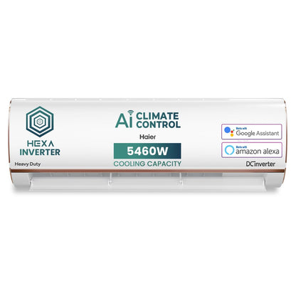 Haier 1.5 Ton 5 Star AI Climate Control Smart Split AC (5460W, Copper, HEXA Inverter, Heavy Duty, 4 Way Swing, Frost Clean, HD Filter, Cools at 60°C, 20 mtr Air Throw- HSU19K-PYAIR5BN-INV, White) 