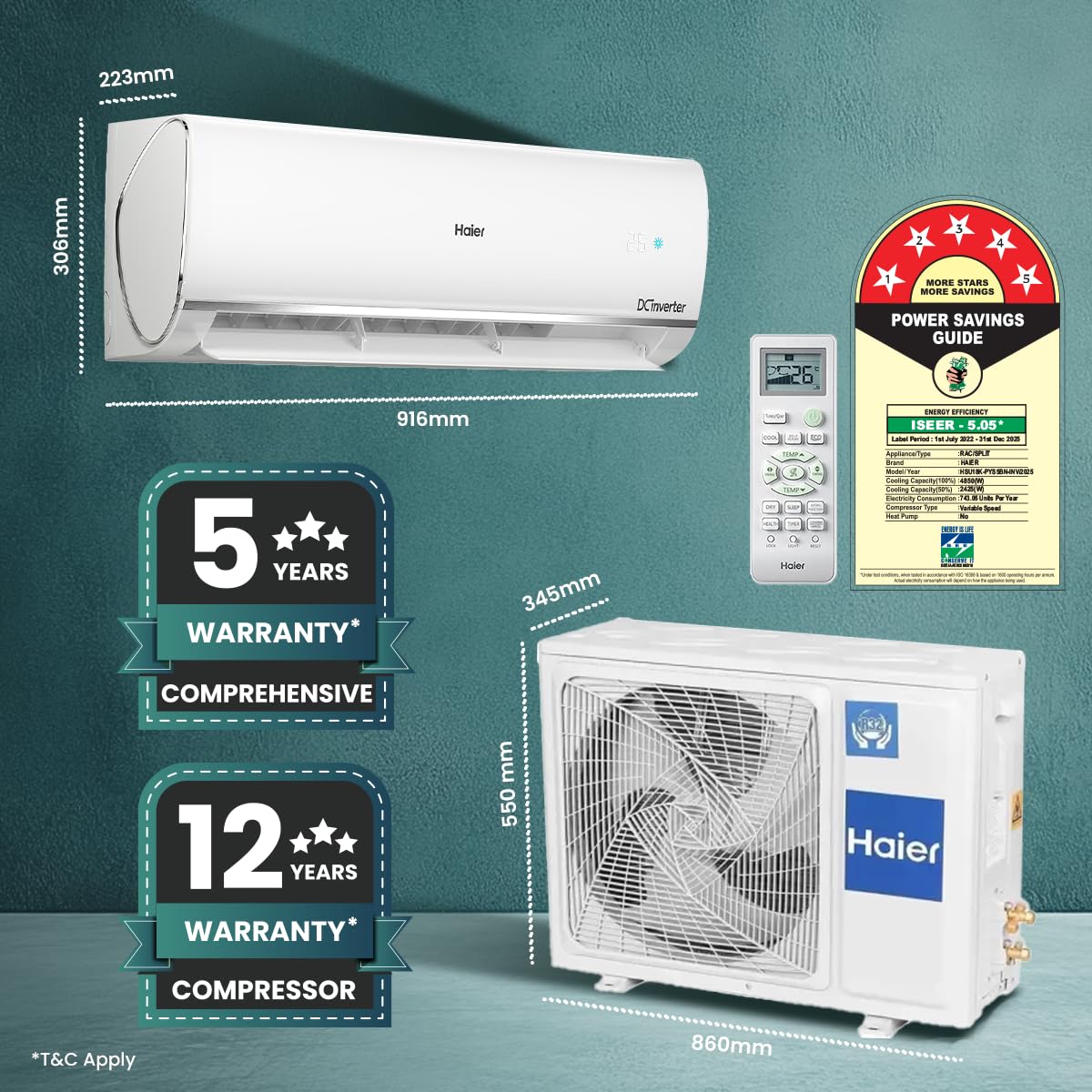 Haier 1.5 Ton 5 Star Triple Inverter Split AC (4850 W, Copper, 7 in 1 Convertible, 4-Way Swing, Frost Self Clean, HD Filter, Cools at 60°C, 20 Mtr. Air Throw - HSU18K-PYSS5BN-INV, 2024 Model - White) 