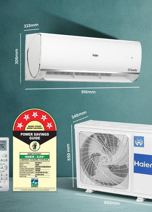 Haier 1.5 Ton 5 Star Triple Inverter Split AC (4850 W, Copper, 7 in 1 Convertible, 4-Way Swing, Frost Self Clean, HD Filter, Cools at 60°C, 20 Mtr. Air Throw - HSU18K-PYSS5BN-INV, White) 