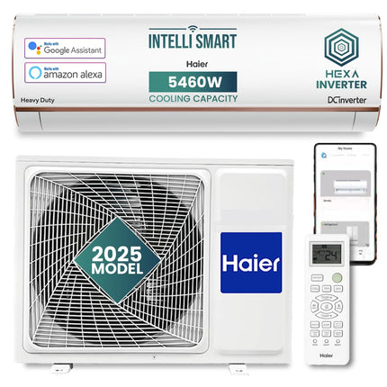 Haier 1.6 Ton 5 Star HEXA Inverter Smart Split AC (5460W, Copper, Heavy Duty, Wi-Fi, 4 Way Swing, Frost Self Clean, HD Filter, Cools at 60°C, 20 Mtrs Air Throw- HSU19K-PYFR5BN-INV- White) 
