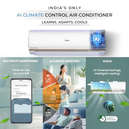 Haier 1 Ton 4 Star AI Climate Control Smart Split AC (3470W, Triple Inverter, Copper, Wi-Fi, 4-Way Swing, 7 in 1 Convertible, HD Filter, Cools at 60°C, 20 Mtrs Air Throw - HSU13K-PYAIR4BN-INV, White) 