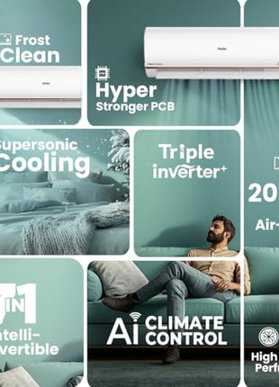 Haier 1 Ton 4 Star AI Climate Control Smart Split AC (3470W, Triple Inverter, Copper, Wi-Fi, 4-Way Swing, 7 in 1 Convertible, HD Filter, Cools at 60°C, 20 Mtrs Air Throw - HSU13K-PYAIR4BN-INV, White) 