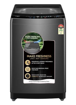 Haier 10.5 Kg 5 Star Fully Automatic Top Load Washing Machine With Ultra Fresh Air Technology, Oceanus Wave Steel Drum (ETL105-CAFS8, Grey, Black, Custom Wash Cycles, 15 Mins Quick Wash) 