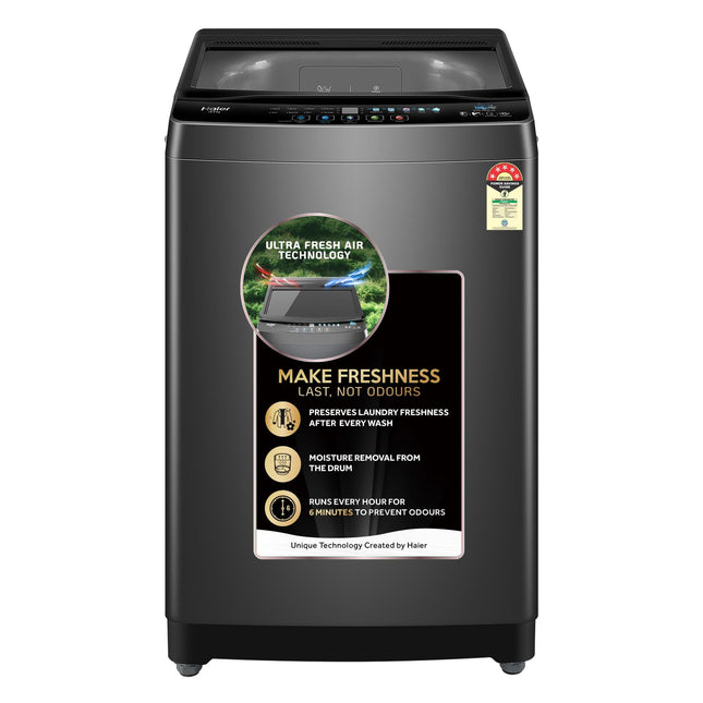 Haier 10.5 Kg 5 Star Fully Automatic Top Load Washing Machine With Ultra Fresh Air Technology, Oceanus Wave Steel Drum (ETL105-CAFS8, Grey, Black, Custom Wash Cycles, 15 Mins Quick Wash) 