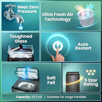 Haier 10.5 Kg 5 Star Fully Automatic Top Load Washing Machine With Ultra Fresh Air Technology, Oceanus Wave Steel Drum (ETL105-CAFS8, Grey, Black, Custom Wash Cycles, 15 Mins Quick Wash) 