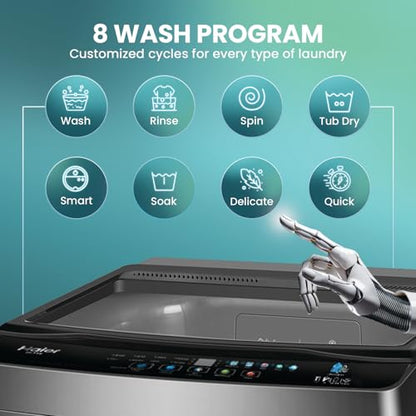 Haier 10.5 Kg 5 Star Fully Automatic Top Load Washing Machine With Ultra Fresh Air Technology, Oceanus Wave Steel Drum (ETL105-CAFS8, Grey, Black, Custom Wash Cycles, 15 Mins Quick Wash) 