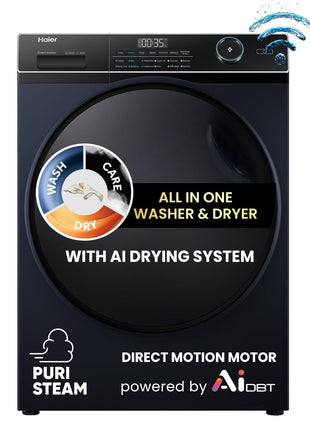 Haier 11 Kg (Wash) / 7 Kg (Dry), 5 Star, Powered by AI-DBT, Direct Drive Technology, Wifi, PuriSteam, I-Refresh, Front Load Fully Automatic Washer Dryer, (EFLD110-DM14IEICBKU1, In-built Heater,Black) 