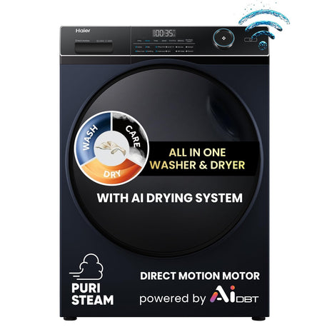 Haier 11 Kg (Wash) / 7 Kg (Dry), 5 Star, Powered by AI-DBT, Direct Drive Technology, Wifi, PuriSteam, I-Refresh, Front Load Fully Automatic Washer Dryer, (EFLD110-DM14IEICBKU1, In-built Heater,Black) 