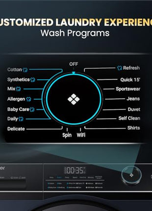 Haier 11 Kg (Wash) / 7 Kg (Dry), 5 Star, Powered by AI-DBT, Direct Drive Technology, Wifi, PuriSteam, I-Refresh, Front Load Fully Automatic Washer Dryer, (EFLD110-DM14IEICBKU1, In-built Heater,Black) 