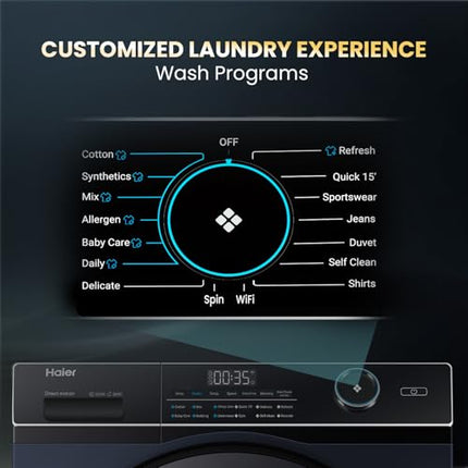Haier 11 Kg (Wash) / 7 Kg (Dry), 5 Star, Powered by AI-DBT, Direct Drive Technology, Wifi, PuriSteam, I-Refresh, Front Load Fully Automatic Washer Dryer, (EFLD110-DM14IEICBKU1, In-built Heater,Black) 
