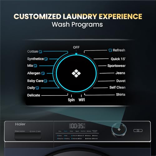 Haier 11 Kg (Wash) / 7 Kg (Dry), 5 Star, Powered by AI-DBT, Direct Drive Technology, Wifi, PuriSteam, I-Refresh, Front Load Fully Automatic Washer Dryer, (EFLD110-DM14IEICBKU1, In-built Heater,Black) 